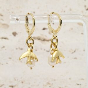 Hoop Earrings with Dove and Pearl Charms