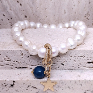 Freshwater Pearl Bracelet with Blue Agate & Star Charms