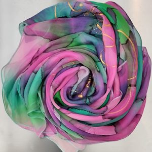 Hand-painted 100% Silk Chiffon Scarf in Purple, Green & Pink