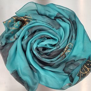 Hand-painted 100% Silk Chiffon Scarf in Turquoise, Black & Gold