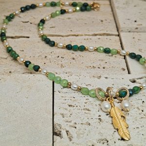 Green Crystal & Pearl Necklace with Feather Pendant
