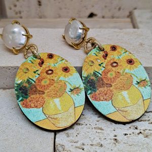 Oval Wooden Earrings with Baroque Pearls