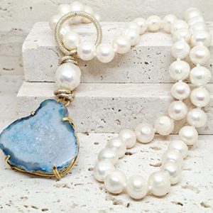 Fresh Water Pearl Necklace with Drusy Agate Pendant